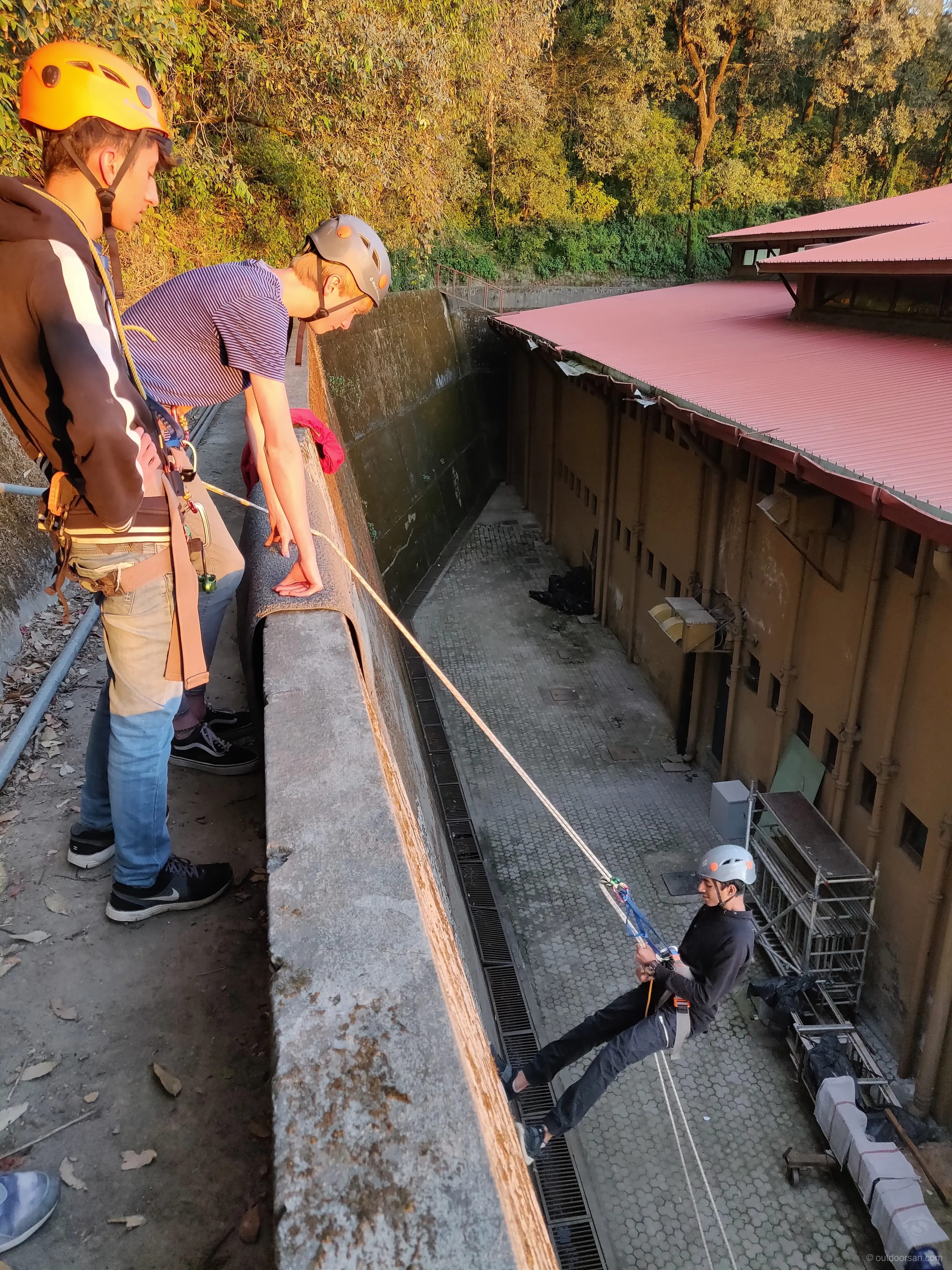 Rappelling training on the school wall
