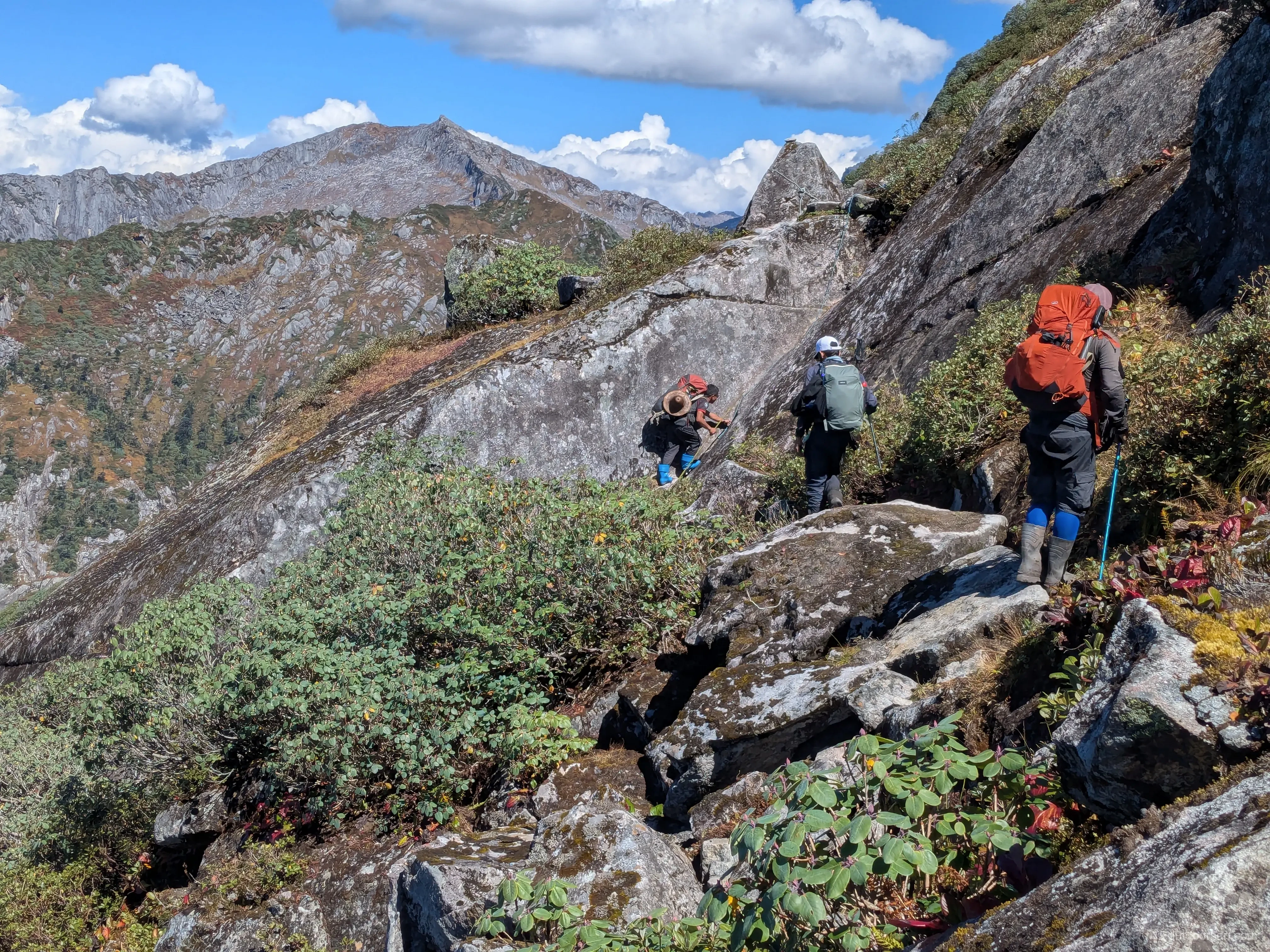 Walk on boulders and rhododendron bushes