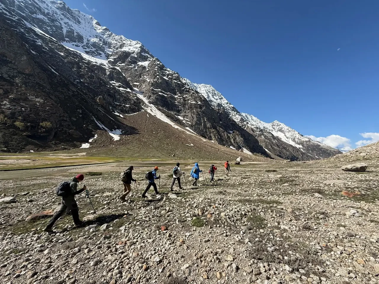 High-altitude meadow camp under clear blue skies